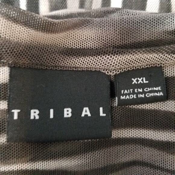 Tribal Animal Print Sheer Layered Ruffle Top 3/4 Slv Scp Neck Black Gray Sz XXL - Picture 7 of 10